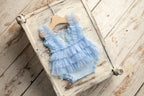 Blue newborn romper for girl with elegant lace trim, headband and newborn pillow prop,Newborn Girl Romper,Newborn Outfit,Newborn Photography