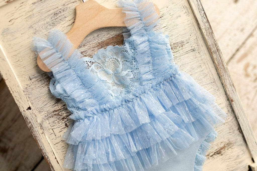 Blue newborn romper for girl with elegant lace trim, headband and newborn pillow prop,Newborn Girl Romper,Newborn Outfit,Newborn Photography