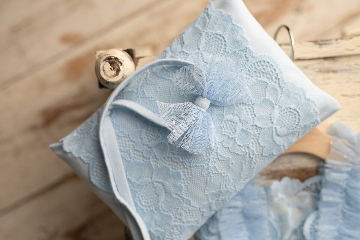 Blue newborn romper for girl with elegant lace trim, headband and newborn pillow prop,Newborn Girl Romper,Newborn Outfit,Newborn Photography