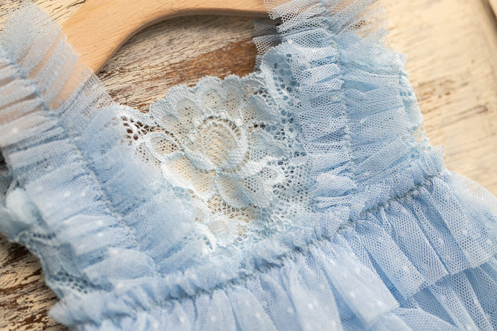 Blue newborn romper for girl with elegant lace trim, headband and newborn pillow prop,Newborn Girl Romper,Newborn Outfit,Newborn Photography