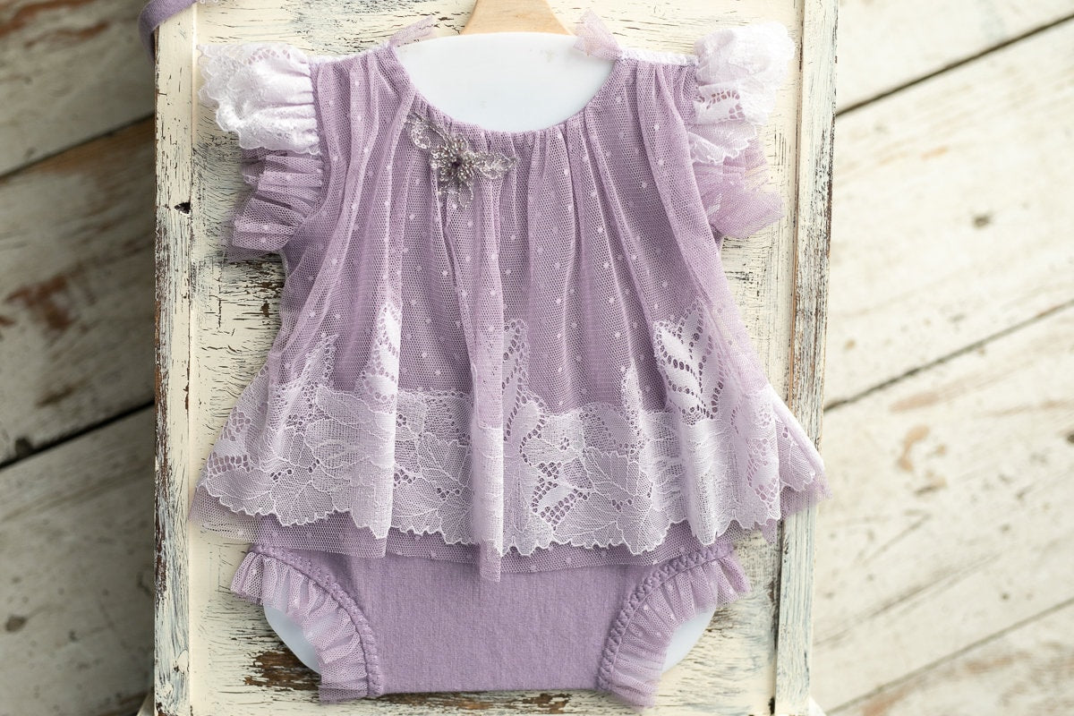 Romper for newborn girl with lace trim & headband,Newborn Outfit,Newborn photo outfit girl,Newborn Photography Prop,Newborn Photo Prop