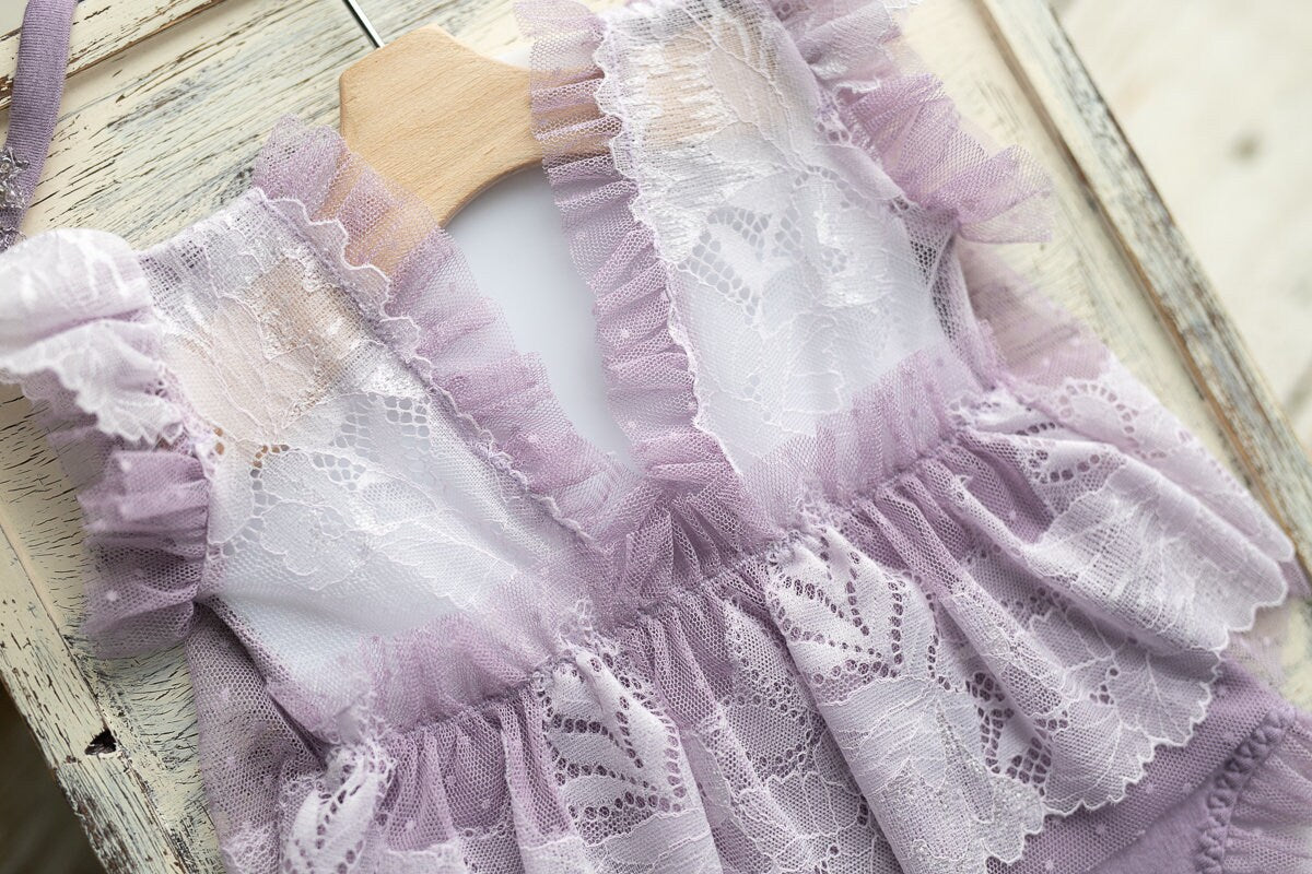 Romper for newborn girl with lace trim & headband,Newborn Outfit,Newborn photo outfit girl,Newborn Photography Prop,Newborn Photo Prop