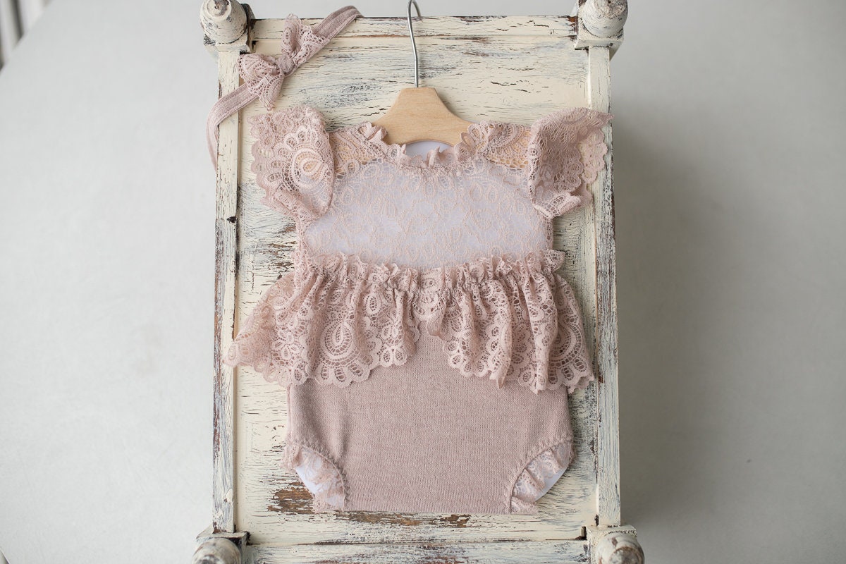 Newborn girl romper with elegant lace trim & headband,Newborn Romper,Newborn photography prop,Newborn photo outfit girl,Pregnancy gift