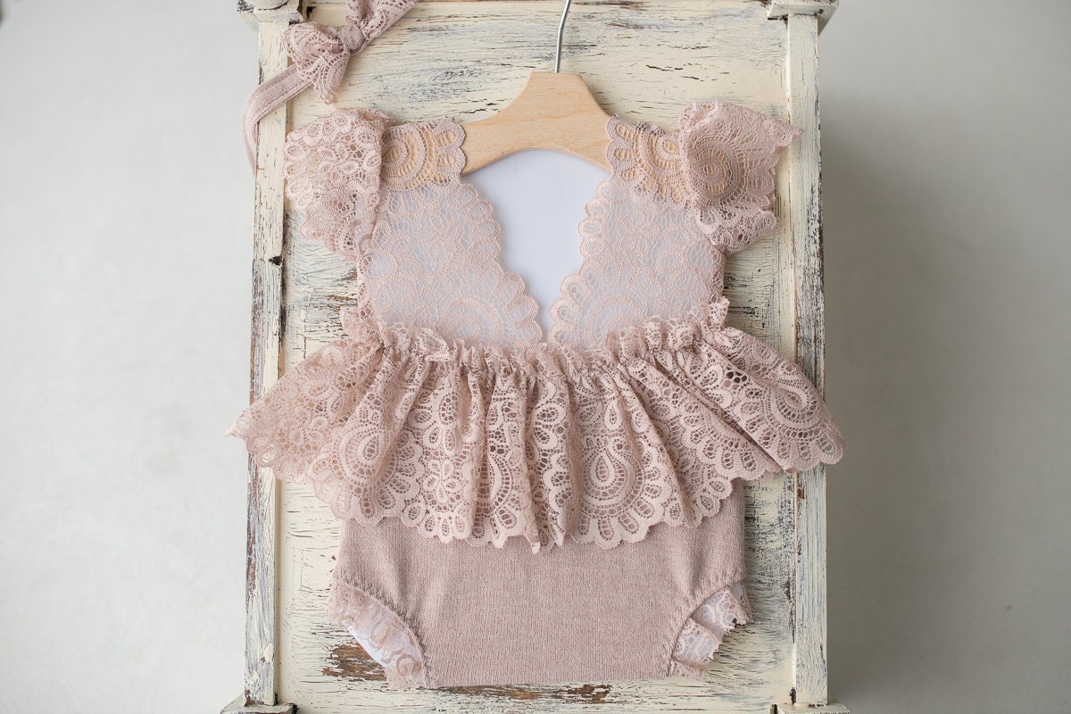 Newborn girl romper with elegant lace trim & headband,Newborn Romper,Newborn photography prop,Newborn photo outfit girl,Pregnancy gift