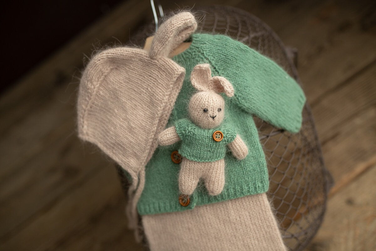 Newborn knitted Set-Romper,Bonnet,Bunny Toy,Jacket,Newborn photography outfit,Сable knit romper,Pregnancy gift,newborn props