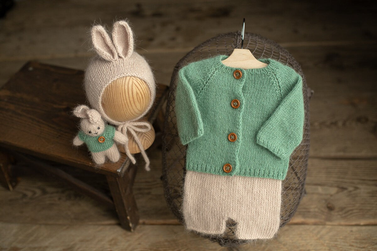 Newborn knitted Set-Romper,Bonnet,Bunny Toy,Jacket,Newborn photography outfit,Сable knit romper,Pregnancy gift,newborn props