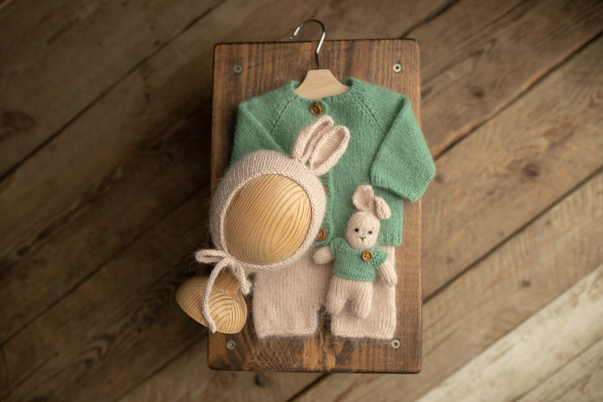 Newborn knitted Set-Romper,Bonnet,Bunny Toy,Jacket,Newborn photography outfit,Сable knit romper,Pregnancy gift,newborn props
