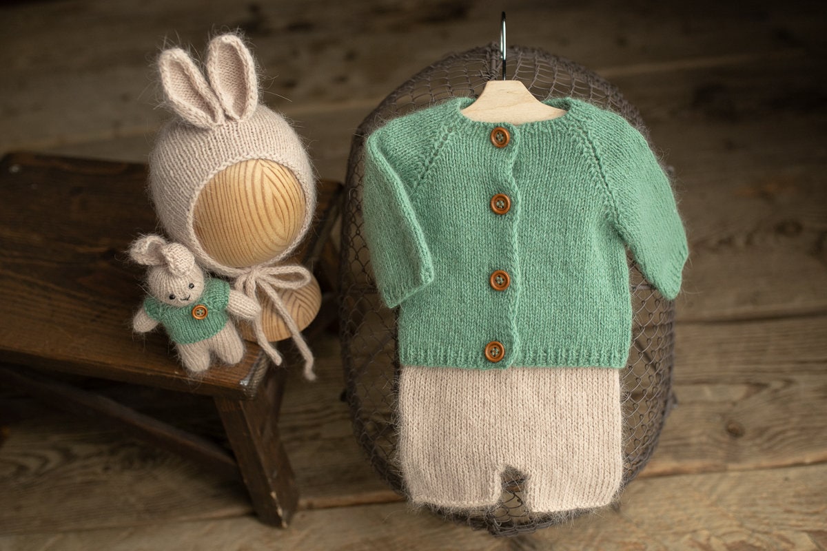 Newborn knitted Set-Romper,Bonnet,Bunny Toy,Jacket,Newborn photography outfit,Сable knit romper,Pregnancy gift,newborn props