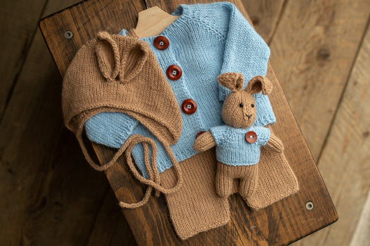 Newborn knitted Set-Romper,Bonnet,Bunny Toy,Jacket,Newborn photography outfit,Сable knit romper,Pregnancy gift,newborn props