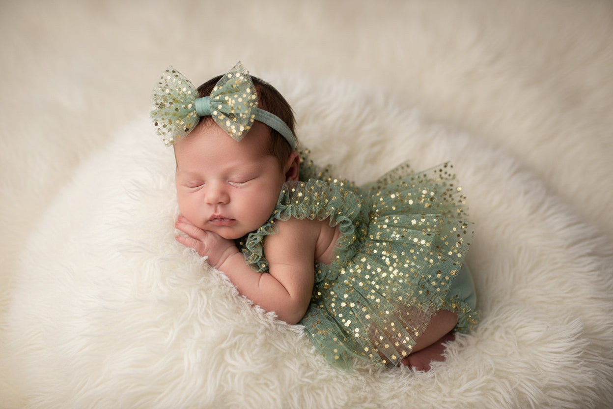 Newborn baby in a sparkly green outfit and headband on a white fluffy blanket