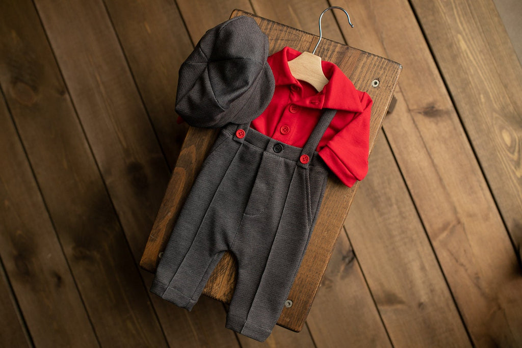 Newborn boy Romper with suspenders and stylish hat,Newborn Photography props,Newborn Photo Props,Newborn Outfit for Boy,newborn prop set