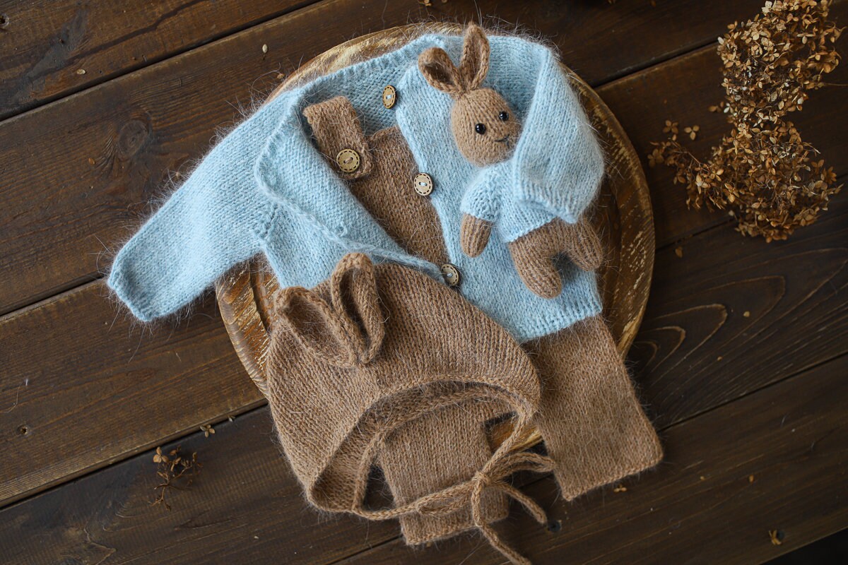 2001Newborn knitted Set-Romper,Bonnet,Bunny Toy,Jacket,Newborn photography outfit,Сable knit romper,Pregnancy gift,newborn props (Copy)