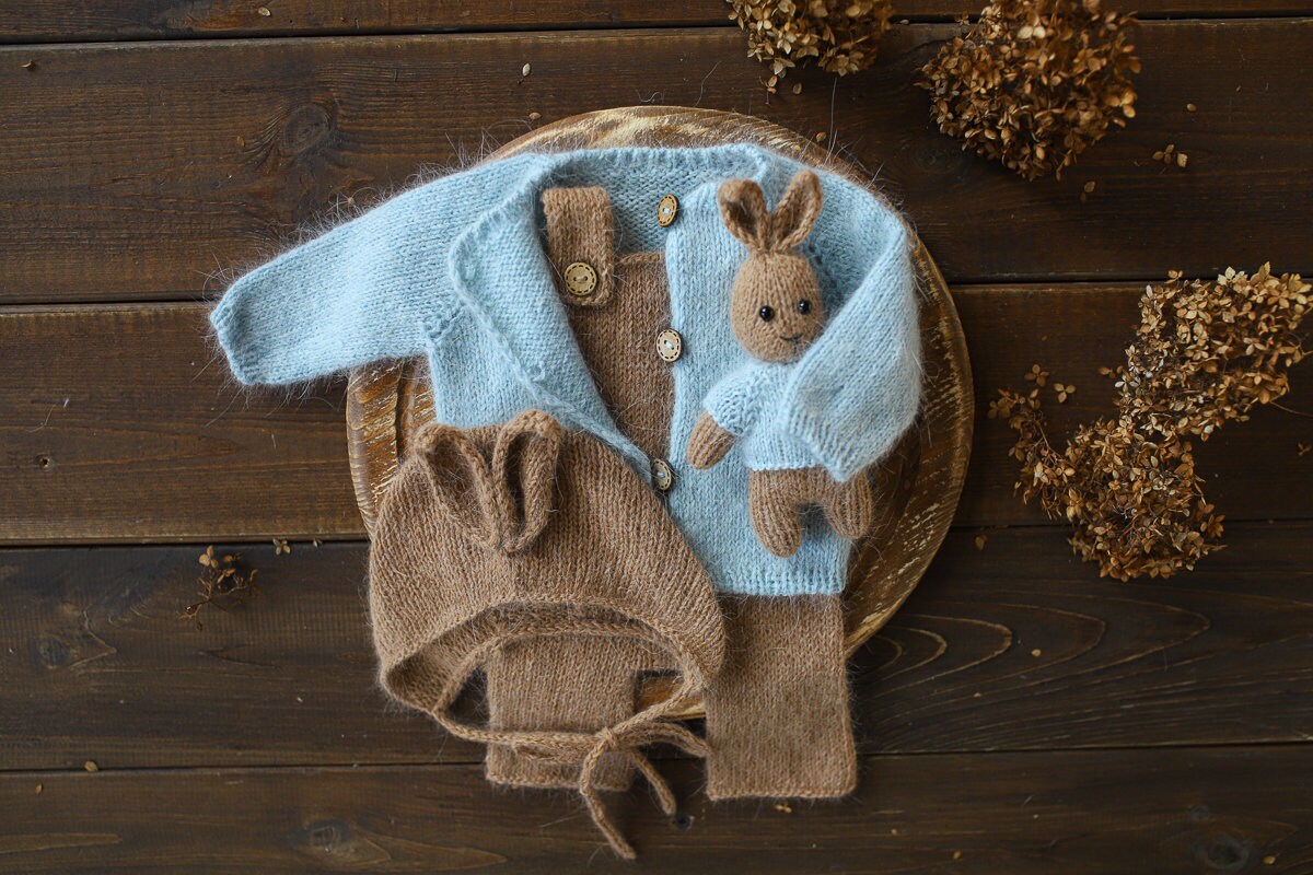 2001Newborn knitted Set-Romper,Bonnet,Bunny Toy,Jacket,Newborn photography outfit,Сable knit romper,Pregnancy gift,newborn props (Copy)
