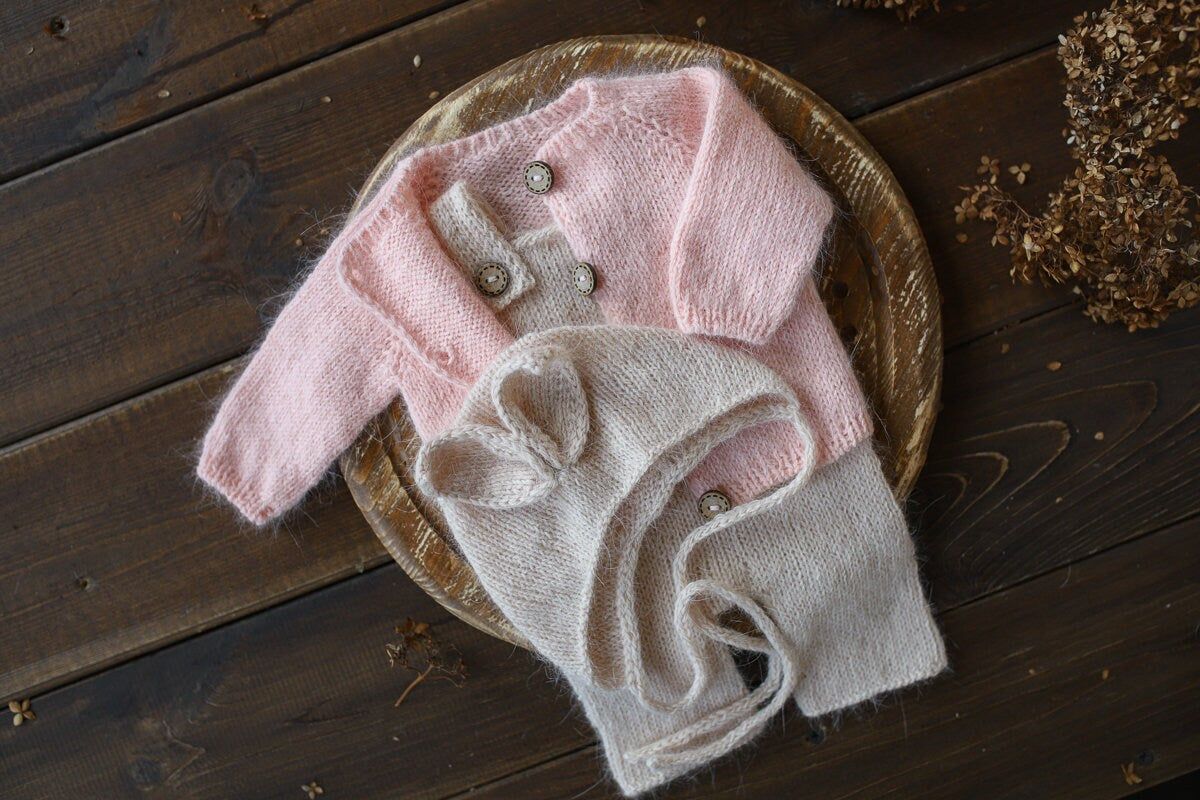 Newborn knitted Set-Romper,Bonnet,Bunny Toy,Jacket,Newborn photography outfit,Сable knit romper,Pregnancy gift,newborn props,newbor gift