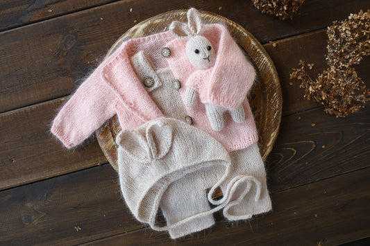 Newborn knitted Set-Romper,Bonnet,Bunny Toy,Jacket,Newborn photography outfit,Сable knit romper,Pregnancy gift,newborn props,newbor gift