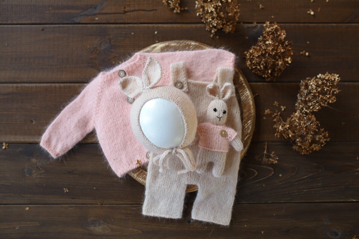 Newborn knitted Set-Romper,Bonnet,Bunny Toy,Jacket,Newborn photography outfit,Сable knit romper,Pregnancy gift,newborn props,newbor gift
