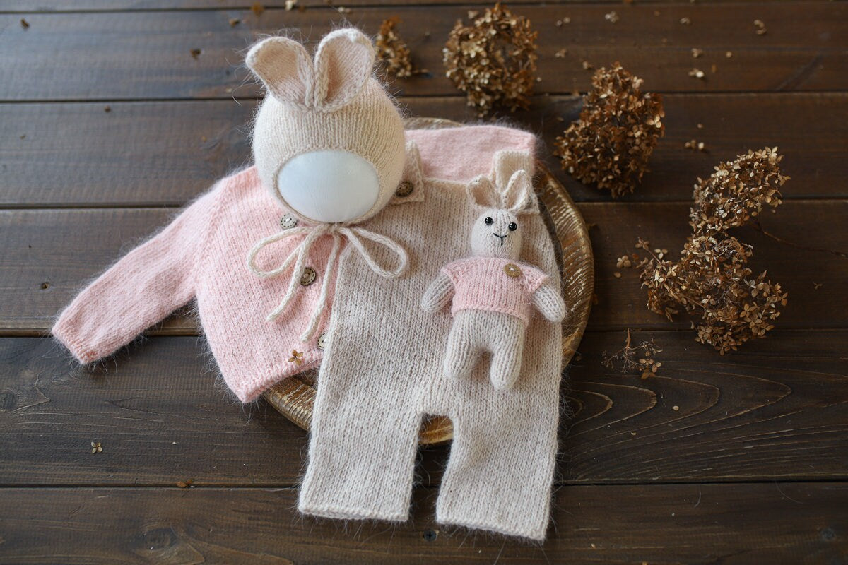 Newborn knitted Set-Romper,Bonnet,Bunny Toy,Jacket,Newborn photography outfit,Сable knit romper,Pregnancy gift,newborn props,newbor gift
