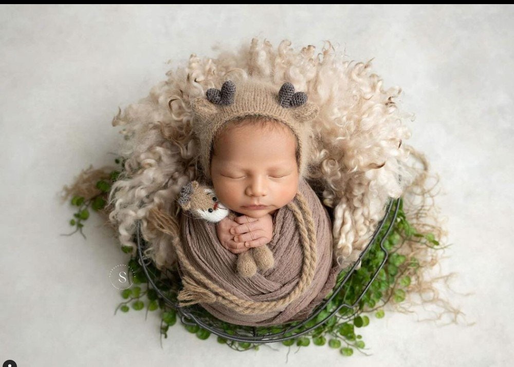 Newborn Knitted Deer Photography Props,Newborn Deer Hat,Newborn Knit Deer Toy,Baby Deer Crochet Toy,Newborn Photography Prop