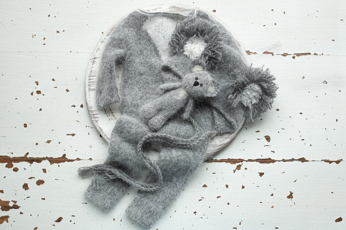 Knitted Koala Romper bonnet and toy,Newborn Photography Prop Set,Newborn photography outfit,Newborn photoshoot outfit,Newborn Koala Outfit