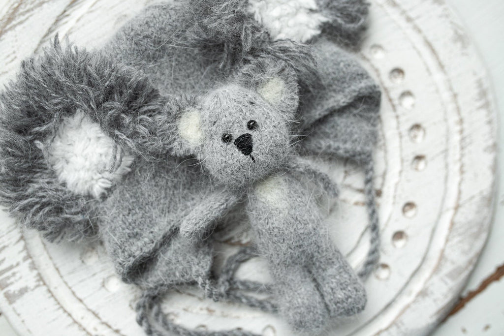 Knitted Koala Romper bonnet and toy,Newborn Photography Prop Set,Newborn photography outfit,Newborn photoshoot outfit,Newborn Koala Outfit