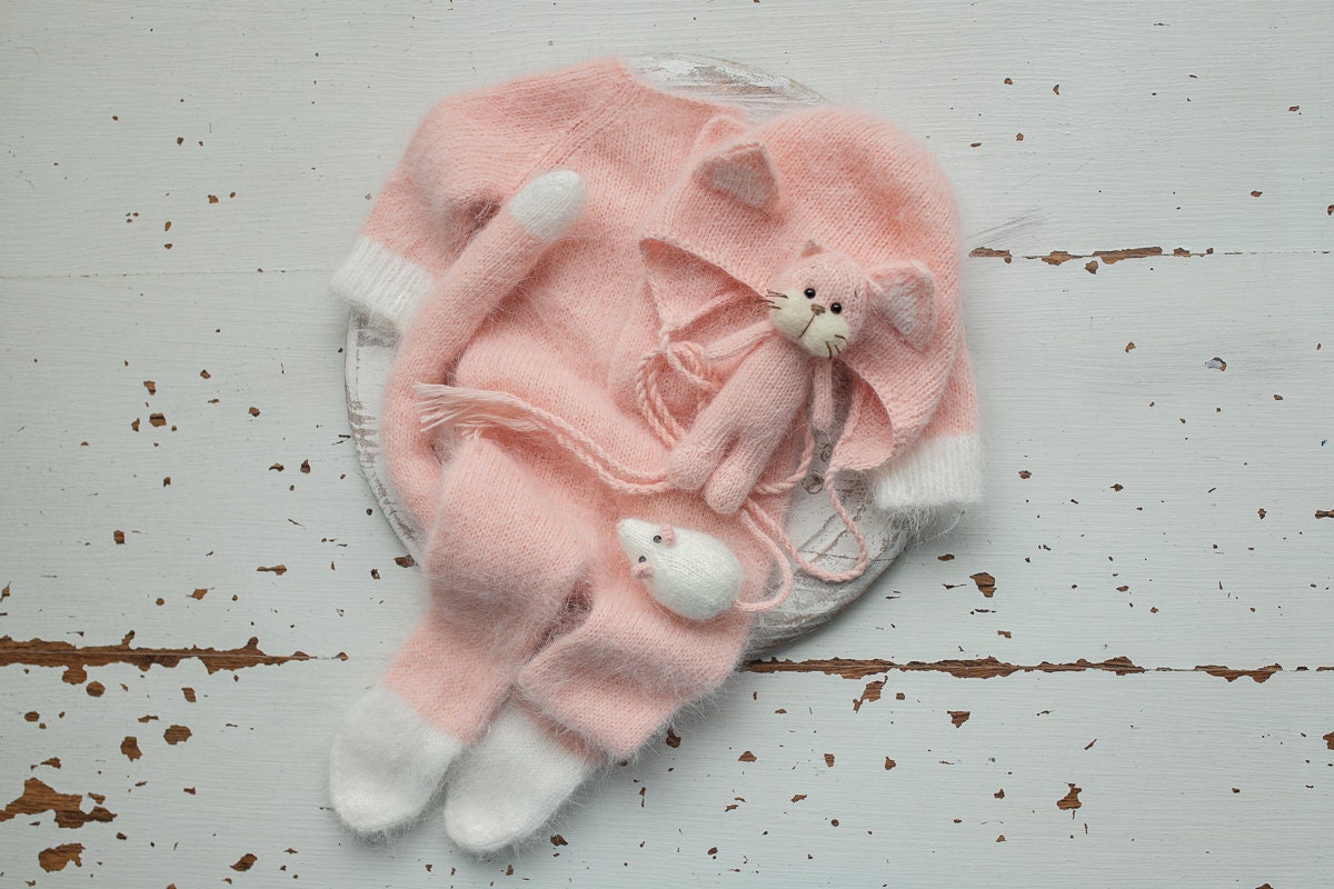 Knitted Kitten Bonnet Romper and toy,Newborn Photography Prop Set,Newborn photography outfit,Newborn photoshoot outfit,Newborn Kitten Outfit