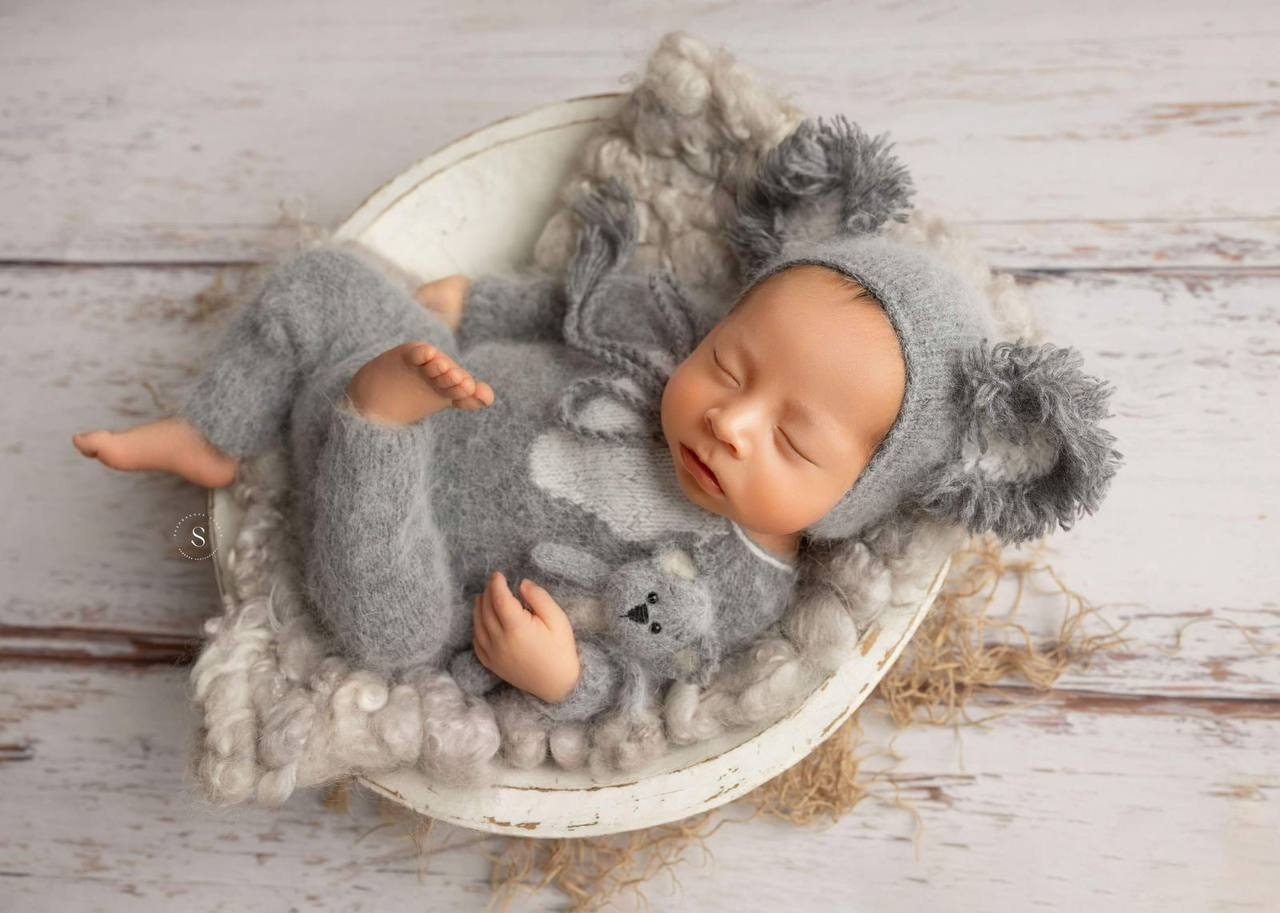 Knitted Koala Romper bonnet and toy,Newborn Photography Prop Set,Newborn photography outfit,Newborn photoshoot outfit,Newborn Koala Outfit