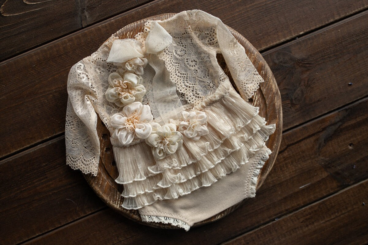 Newborn girl romper with elegant lace trim & headband,Newborn Romper,Newborn photography prop,Newborn photo outfit girl,Pregnancy gift