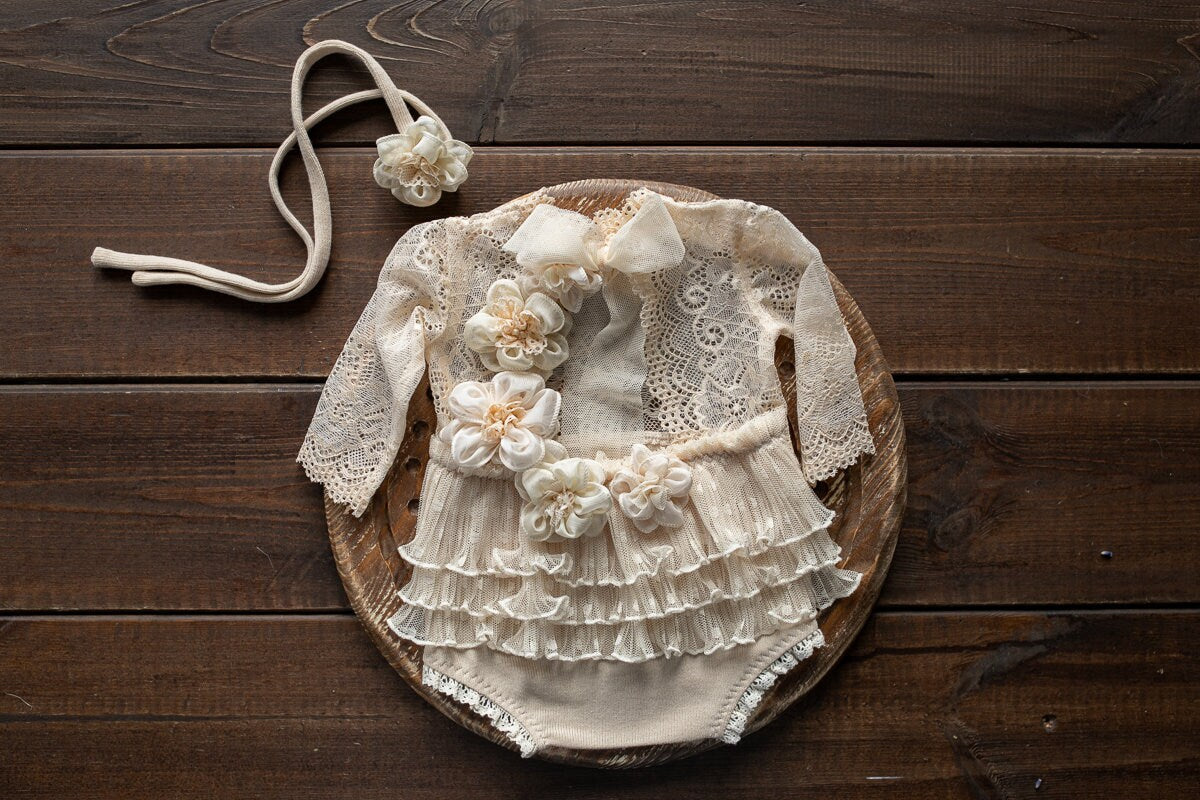 Newborn girl romper with elegant lace trim & headband,Newborn Romper,Newborn photography prop,Newborn photo outfit girl,Pregnancy gift