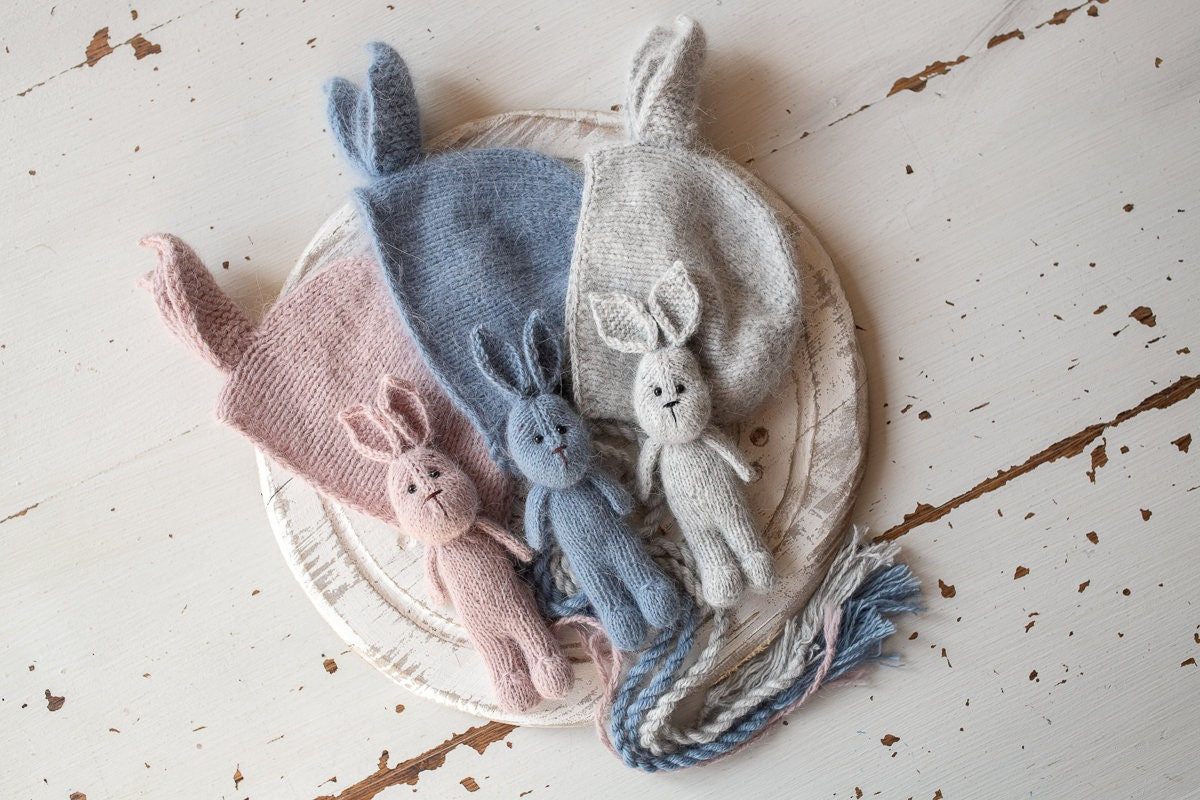 Newborn Knitted Bunny Photography Props,Newborn Bunny Hat,Newborn Knit Bunny Toy,Baby Rabbit Knitted Toy,Newborn Photography Prop