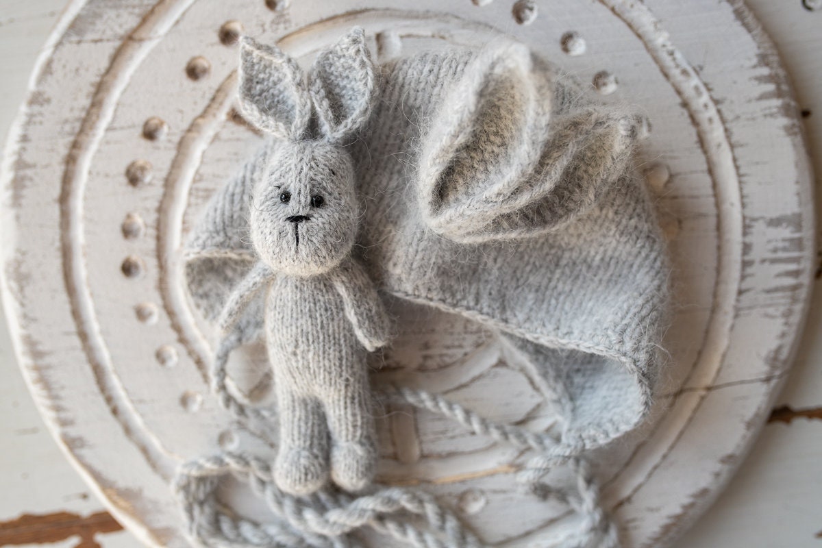 Newborn Knitted Bunny Photography Props,Newborn Bunny Hat,Newborn Knit Bunny Toy,Baby Rabbit Knitted Toy,Newborn Photography Prop