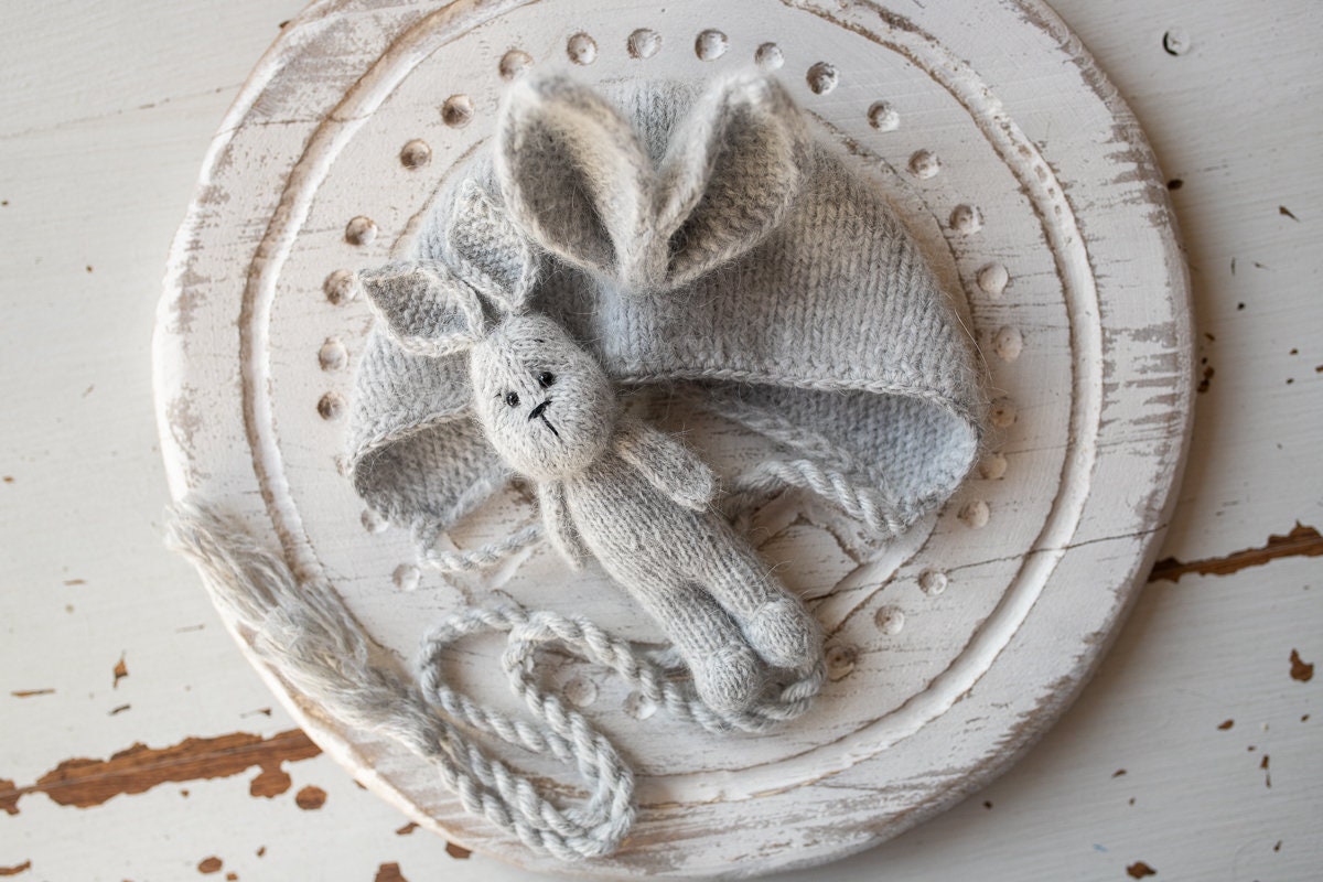 Newborn Knitted Bunny Photography Props,Newborn Bunny Hat,Newborn Knit Bunny Toy,Baby Rabbit Knitted Toy,Newborn Photography Prop