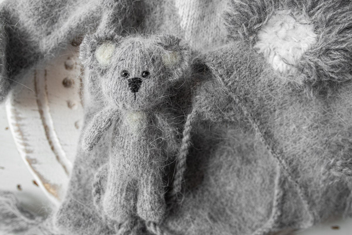 Knitted Koala Romper bonnet and toy,Newborn Photography Prop Set,Newborn photography outfit,Newborn photoshoot outfit,Newborn Koala Outfit