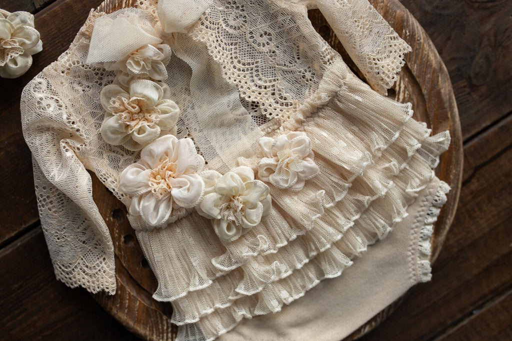 Newborn girl romper with elegant lace trim & headband,Newborn Romper,Newborn photography prop,Newborn photo outfit girl,Pregnancy gift