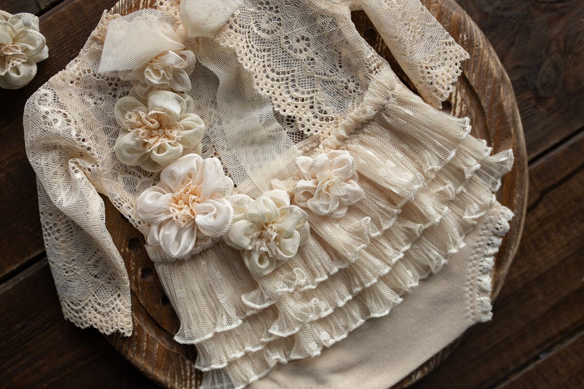 Newborn girl romper with elegant lace trim & headband,Newborn Romper,Newborn photography prop,Newborn photo outfit girl,Pregnancy gift
