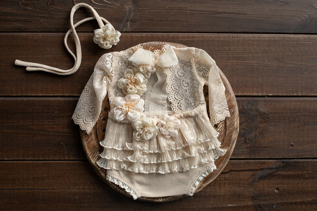 Newborn girl romper with elegant lace trim & headband,Newborn Romper,Newborn photography prop,Newborn photo outfit girl,Pregnancy gift