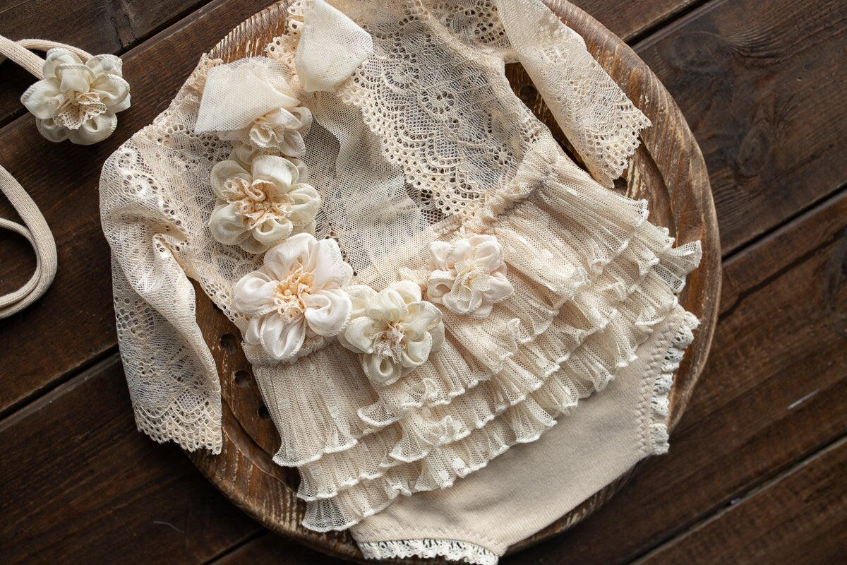 Newborn girl romper with elegant lace trim & headband,Newborn Romper,Newborn photography prop,Newborn photo outfit girl,Pregnancy gift