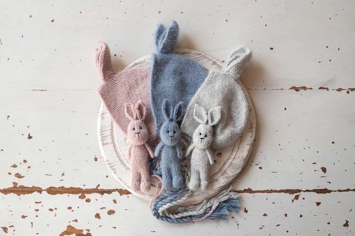Newborn Knitted Bunny Photography Props,Newborn Bunny Hat,Newborn Knit Bunny Toy,Baby Rabbit Knitted Toy,Newborn Photography Prop
