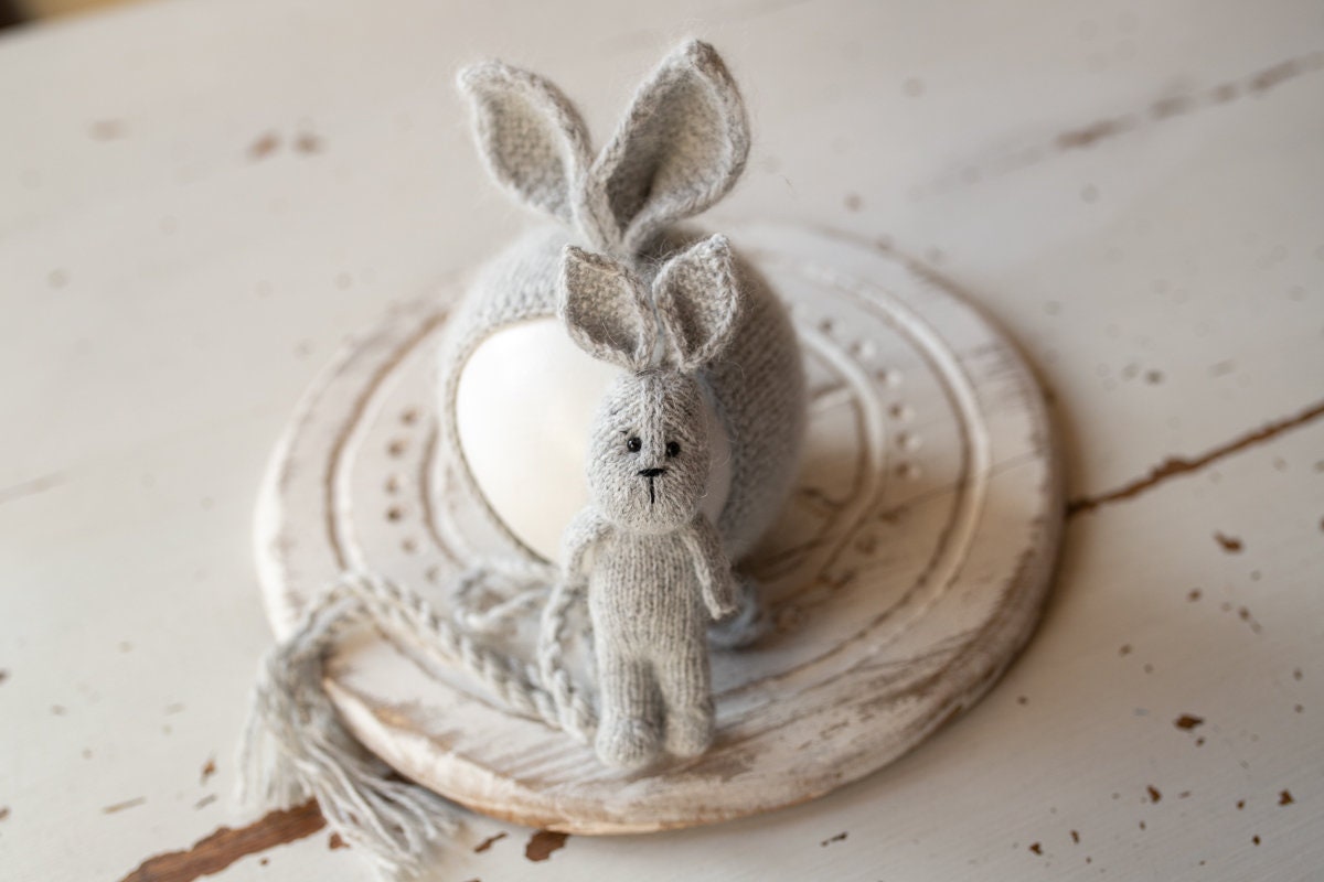 Newborn Knitted Bunny Photography Props,Newborn Bunny Hat,Newborn Knit Bunny Toy,Baby Rabbit Knitted Toy,Newborn Photography Prop