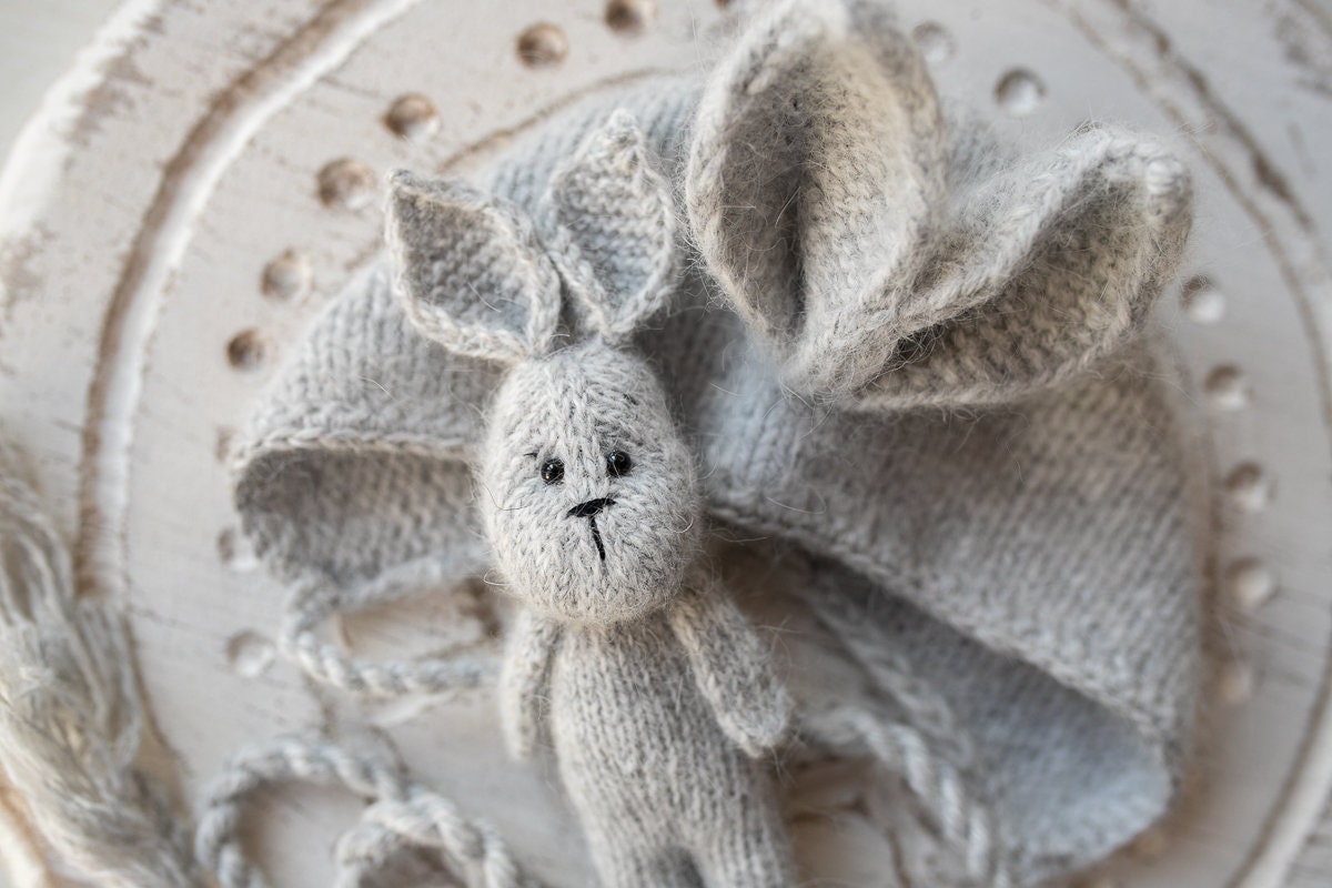 Newborn Knitted Bunny Photography Props,Newborn Bunny Hat,Newborn Knit Bunny Toy,Baby Rabbit Knitted Toy,Newborn Photography Prop