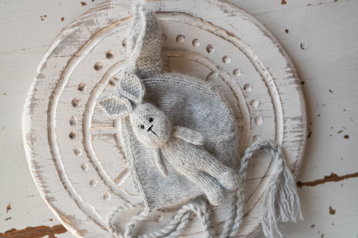 Newborn Knitted Bunny Photography Props,Newborn Bunny Hat,Newborn Knit Bunny Toy,Baby Rabbit Knitted Toy,Newborn Photography Prop