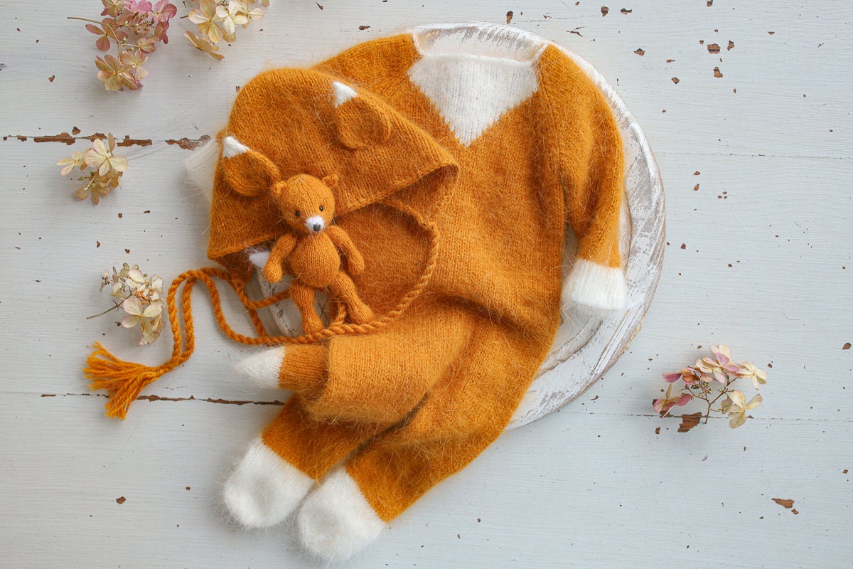 Newborn Knitted Fox Outfit bonnet and toy,Newborn Photography Prop,Newborn photography outfit,Newborn photoshoot outfit,Newborn Fox Outfit