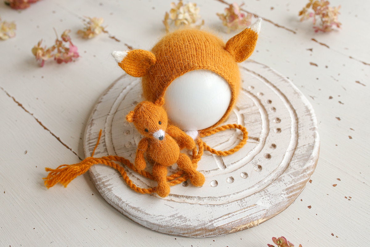 Newborn Knitted Fox Outfit bonnet and toy,Newborn Photography Prop,Newborn photography outfit,Newborn photoshoot outfit,Newborn Fox Outfit