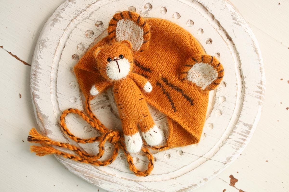Newborn Knitted Tiger Photography Props,Newborn Tiger Hat,Newborn Knit Tiger Toy,Baby Tiger Crochet Toy,Newborn Photography Prop