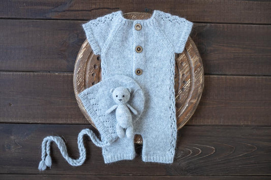 Knitted romper,bonnet and Knit Teddy Bear,Newborn knitted Set,Newborn photography outfit,Pregnancy gift,newborn knit outfit,newborn props